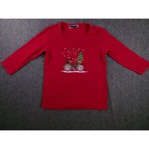 Karen Scot Shirt Womens M Red Christmas Bicycle Sequin Embellished Long Sleeve